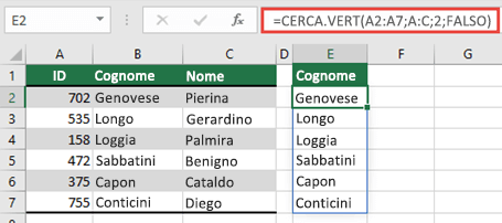 Usare =VLOOKUP(A2:A7,A:C,2,FALSE) per restituire una matrice dinamica che non restituisca un #SPILL! errore.