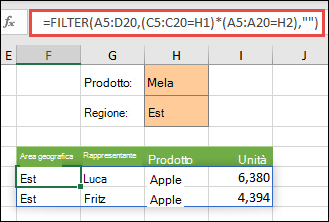 Uso di FILTRO con l'operatore di moltiplicazione (*) per restituire tutti i valori nell'intervallo matrice (A5:D20) contenenti 
