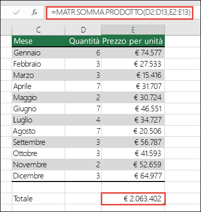 Risolvere l'errore #VALORE! nei dati per risolvere l'errore MATR.SOMMA.PRODOTTO
