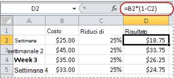 Esempio di formula per il calcolo di una percentuale