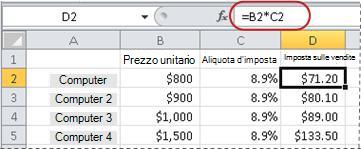 Esempio di formula per il calcolo di una percentuale