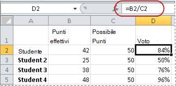 Esempio di formula per il calcolo di una percentuale