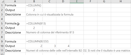 Esempi della funzione COLONNA
