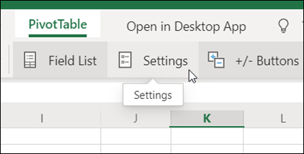 Pulsante Impostazioni nella scheda Tabella pivot in Excel per il web