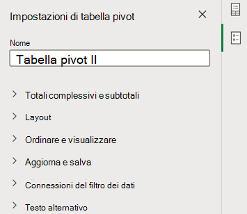 Riquadro Impostazioni tabella pivot in Excel per il Web