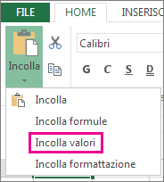 Comando Incolla con visualizzato Incolla valori in Excel Web App