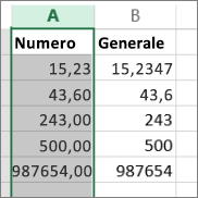 Esempio di numeri visualizzati in diversi formati, quali Numero e Generale.