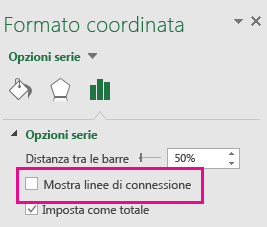 Riquadro attività Formato dato con la casella Mostra linee di connessione deselezionata in Office 2016