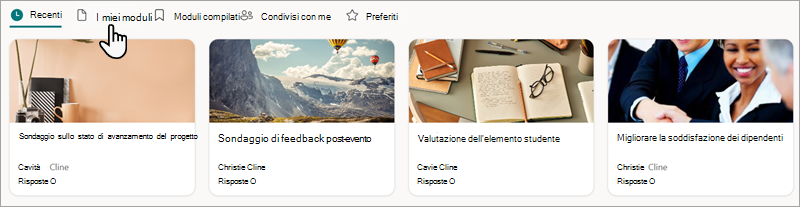 Screenshot che mostra dove trovare i moduli in Microsoft Forms.