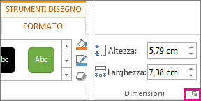 Pulsante di visualizzazione della finestra di dialogo nel gruppo Dimensioni della scheda Strumenti disegno - Formato