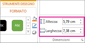 Caselle Altezza e Larghezza nella scheda Strumenti disegno - Formato