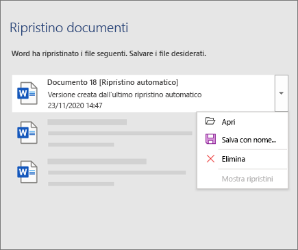 File ripristinato automaticamente elencato nel riquadro Ripristino documenti