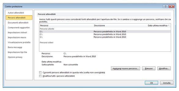 Finestra di dialogo Impostazioni Centro protezione con l'opzione Percorsi attendibili