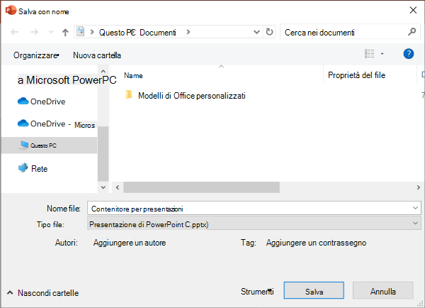 Esperienza Salva con nome legacy in PowerPoint