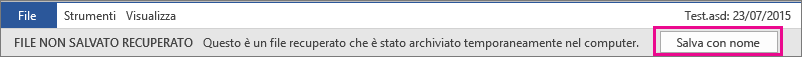 Salvataggio dei file recuperati in Office 2016