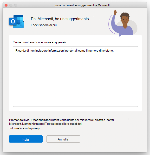 Finestra di dialogo Feedback per Outlook in MacOS