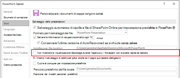 Screenshot della finestra di dialogo Opzioni di PowerPoint che evidenzia l'impostazione per non usare la visualizzazione Backstage durante il salvataggio con le scelte rapide da tastiera