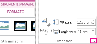 Pulsante di visualizzazione della finestra di dialogo nel gruppo Dimensioni della scheda Strumenti immagine - Formato