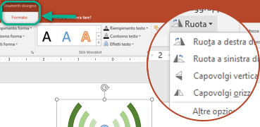 I comandi di rotazione sono disponibili nella scheda Formato di Strumenti di disegno della barra degli strumenti. Selezionare l'oggetto da ruotare, quindi fare clic sulla barra multifunzione.
