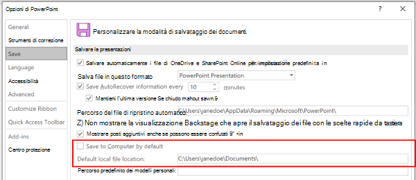 Uno screenshot della finestra di dialogo Opzioni di PowerPoint che evidenzia la sezione per personalizzare il percorso predefinito