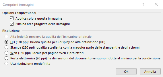 Finestra di dialogo Comprimi immagini