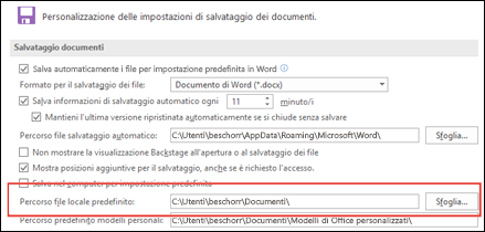 Opzioni di salvataggio in Word, con l'impostazione della cartella di lavoro predefinita