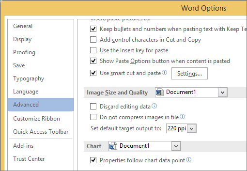 Opzioni relative alle dimensioni delle immagini e alla qualità in Word