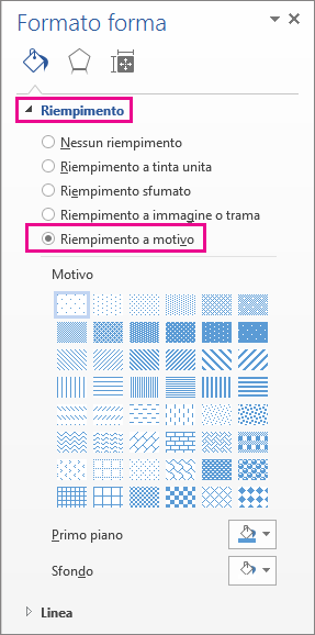 Selezione del riempimento a motivo nel riquadro Formato forma
