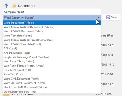 Fare clic sull'elenco a discesa del tipo di file per selezionare un formato di file diverso per il documento