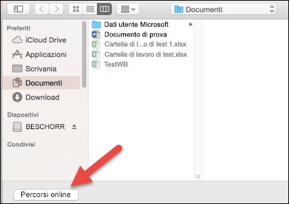 Il menu Apri file guardando la vista Sul mio Mac.