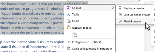 Testo selezionato in OneNote. Viene visualizzato il menu di scelta rapida, con Copilot selezionato e riscrivi l'opzione selezionata nel sottomenu.