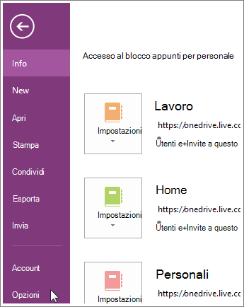 Opzioni di OneNote