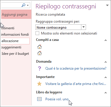 Ricerca di note con contrassegni nel riquadro Riepilogo contrassegni
