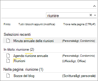 Usare la funzionalità di ricerca per cercare note in qualsiasi punto di OneNote.