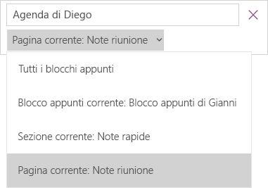 Elenco a discesa per la ricerca con le opzioni di ambito e l'opzione Pagina corrente attiva.