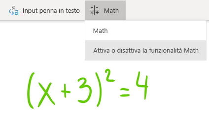 Opzione pulsante Matematica in OneNote per Windows 10