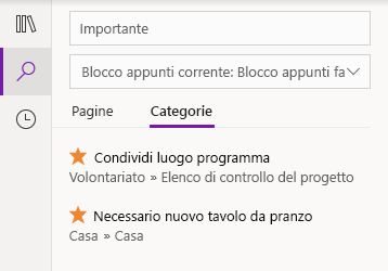 Risultati della ricerca di tag in OneNote per Windows 10