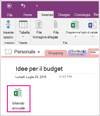Screenshot di un foglio di calcolo allegato in OneNote 2016.