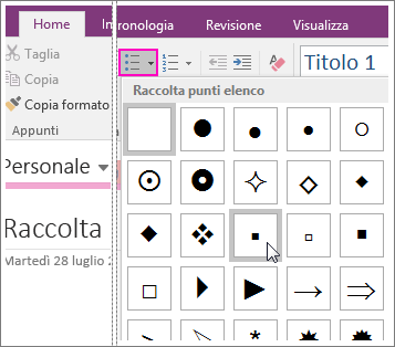 Screenshot che illustra come aggiungere elenchi puntati a una pagina in OneNote 2016.