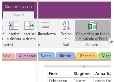 Screenshot del pulsante Converti in un foglio di calcolo di Excel in OneNote 2016.