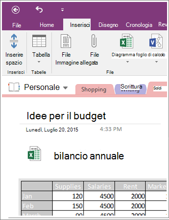 Screenshot di un foglio di calcolo incorporato in OneNote 2016.