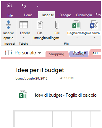 Screenshot di un nuovo foglio di calcolo in OneNote 2016.