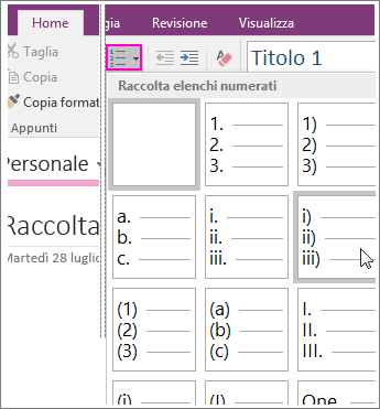 Screenshot che illustra come aggiungere elenchi numerati a una pagina in OneNote 2016.