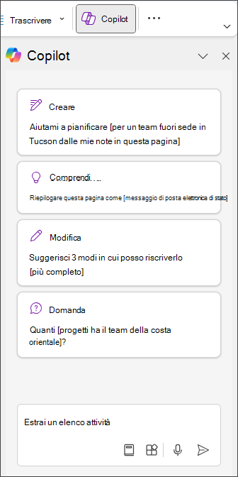 Digitare Estrai elenco attività nel riquadro Copilot in OneNote