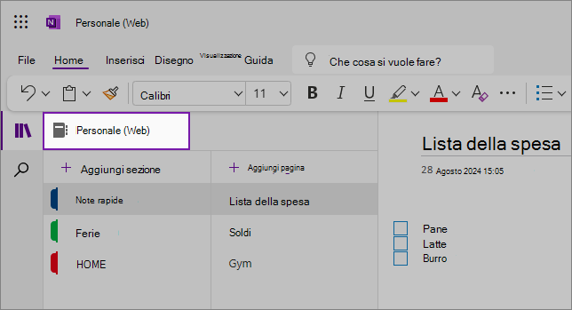 Visualizzazione dell'interfaccia utente Web di OneNote con l'area del contenuto