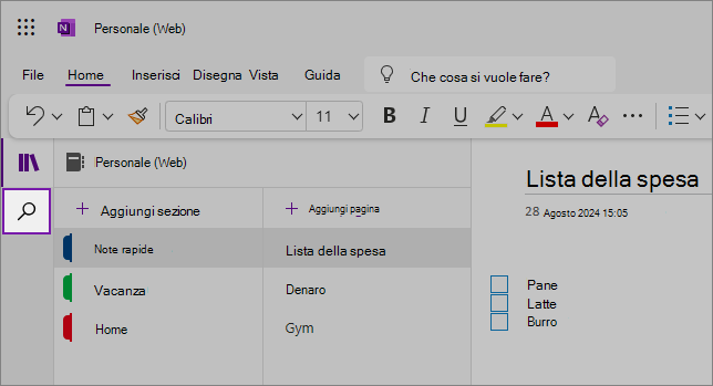 Visualizzazione dell'interfaccia utente Web di OneNote con l'area del contenuto