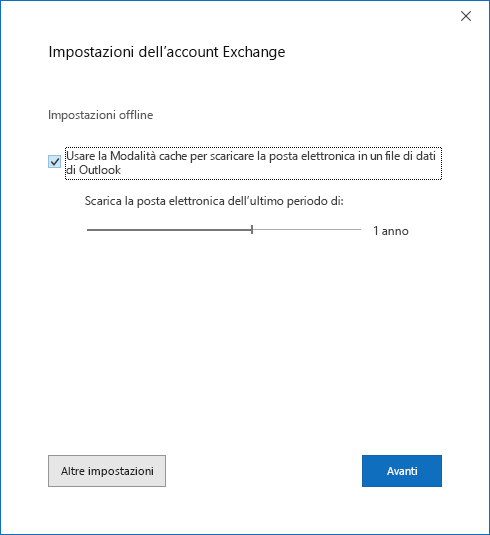 Finestra di dialogo Configurazione account, pagina Impostazioni account di Exchange.