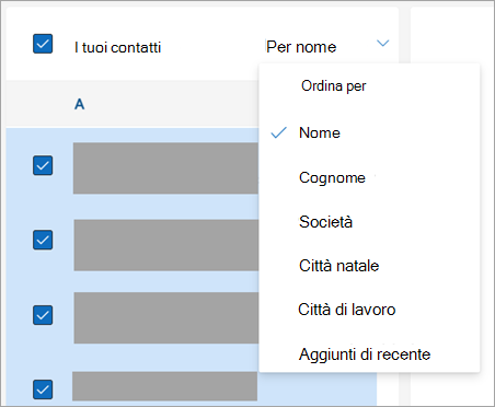 Screenshot delle opzioni per ordinare i contatti