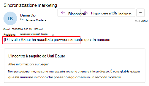 Screenshot per gli organizzatori che non usano il nuovo Outlook che mostra che il partecipante ha accettato provvisoriamente la riunione