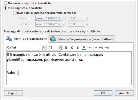 Immettere il messaggio di risposta automatica